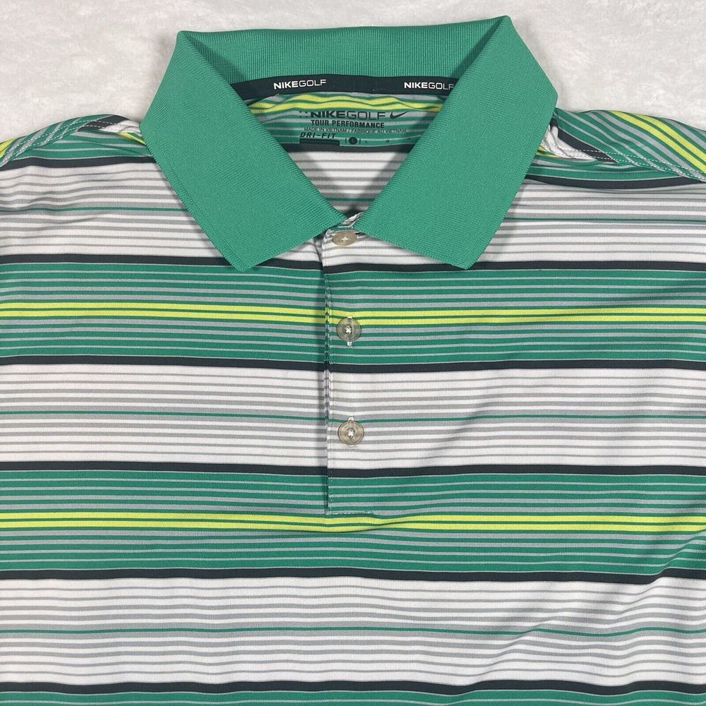 NIKE Golf Tour Performance Polo Shirt Dri-Fit Mens L Green Striped Short Sleeve